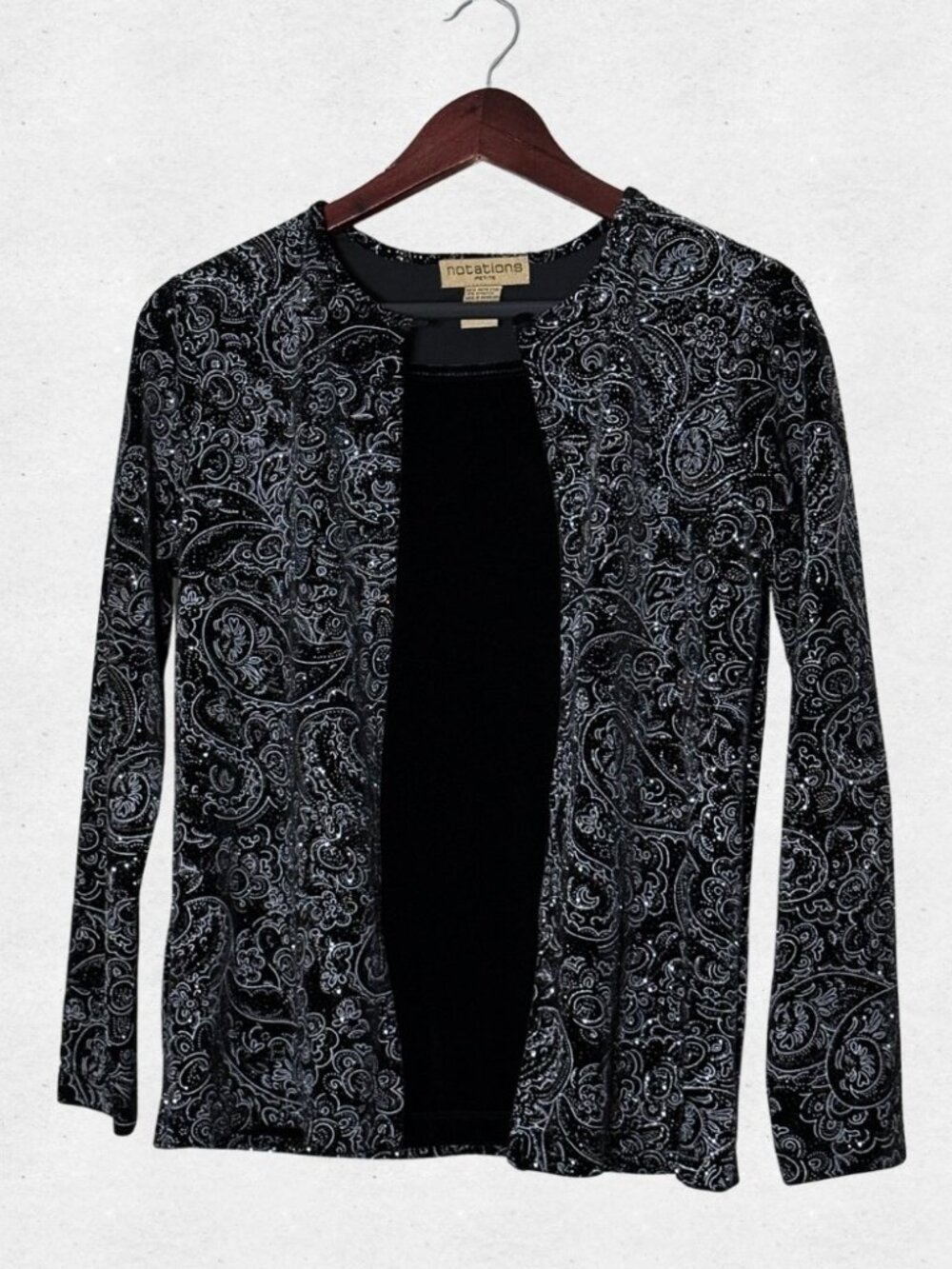 Vintage Black Velvet Glitter Paisley Long Sleeve Top Petite Medium Whimsigoth